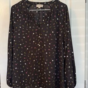 LOFT Outlet Black Floral Blouse | Size M | Sheer Long Sleeve